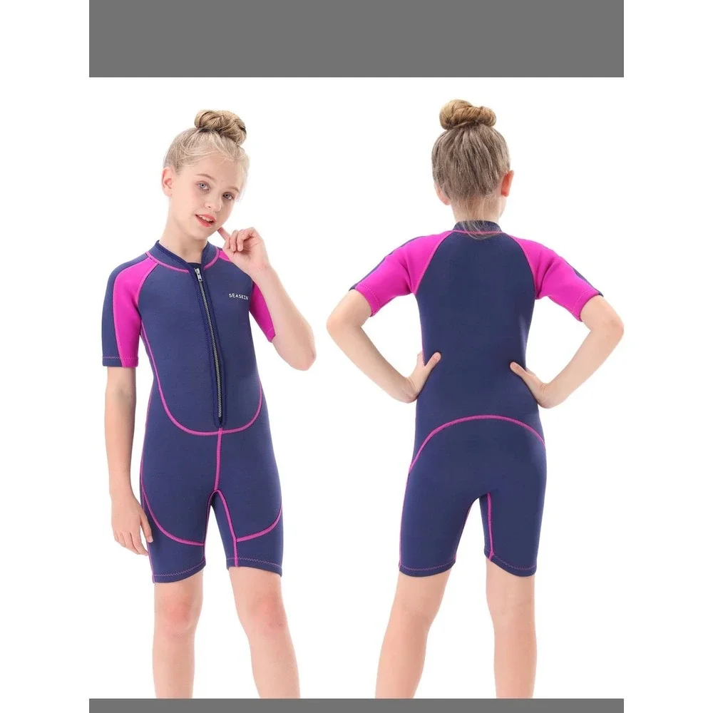 Seaskin Wetsuit Girls Size 6 Navy Blue Pink Excellent Shorty Front Zip Short Slv